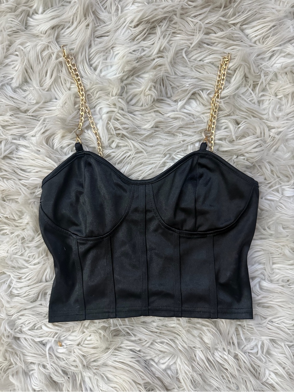 SHEIN Black Bustier Crop Top with Gold Chain Straps